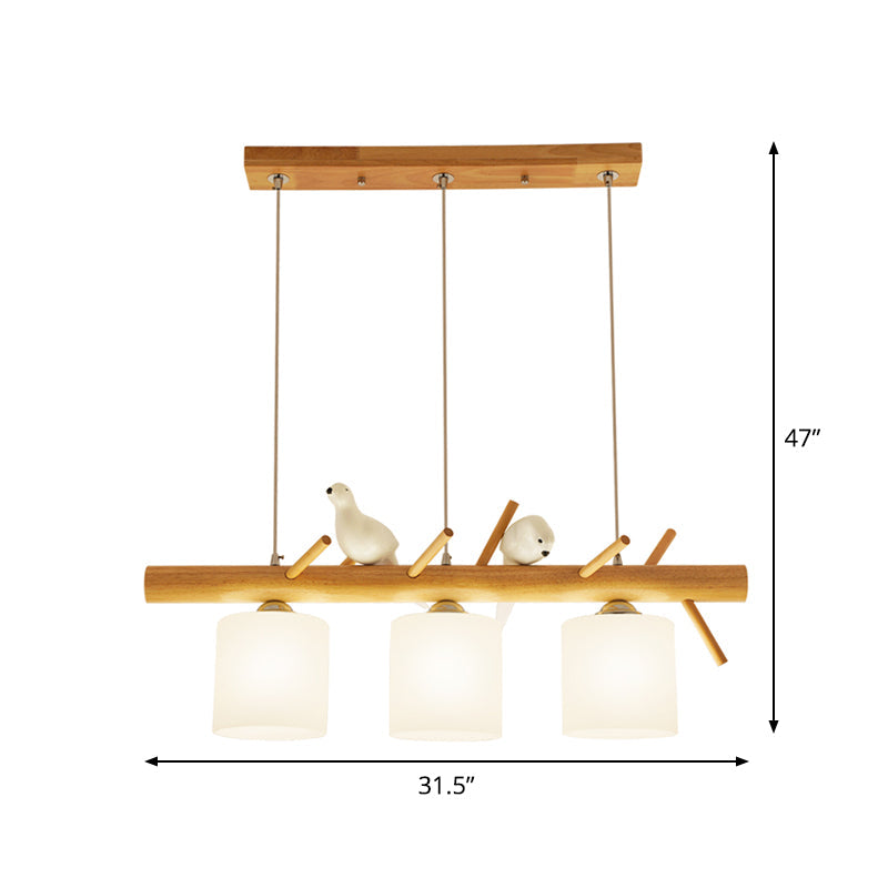 Beige Drum Island Lighting: Simple 2/3 Heads Pendant Lamp With Opaque Glass And Bird On Wood Branch