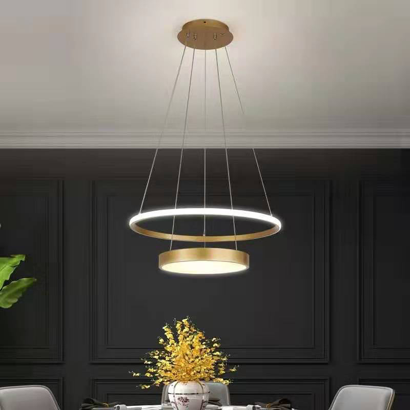 Modern 2-Tier Metallic Ring LED Chandelier in Gold - Warm/White Lighting