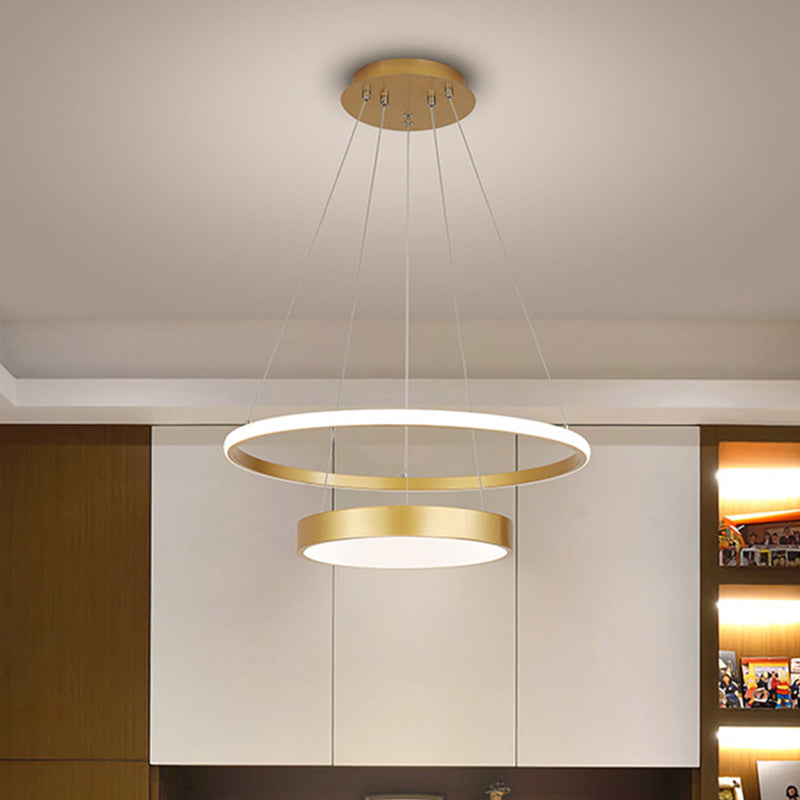 Modern 2-Tier Metallic Ring LED Chandelier in Gold - Warm/White Lighting