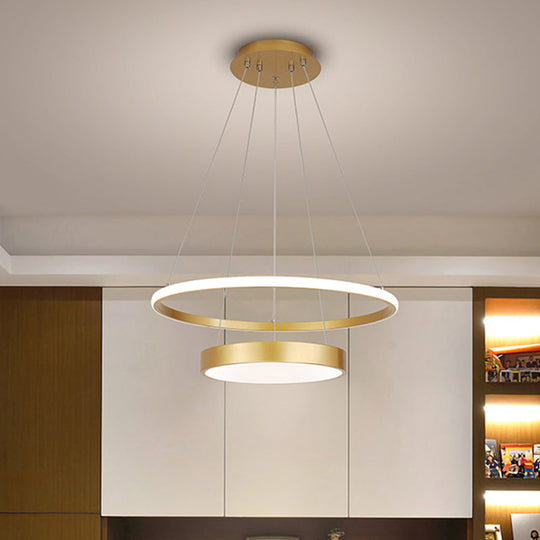 Modern 2-Tier Metallic Ring LED Chandelier in Gold - Warm/White Lighting