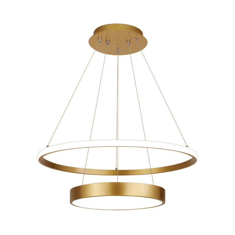 Modern 2-Tier Metallic Ring LED Chandelier in Gold - Warm/White Lighting