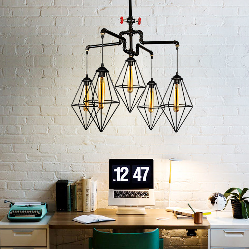 Industrial Style Ceiling Light Fixture With Diamond Cage Shade - 5 Lights Black Metallic