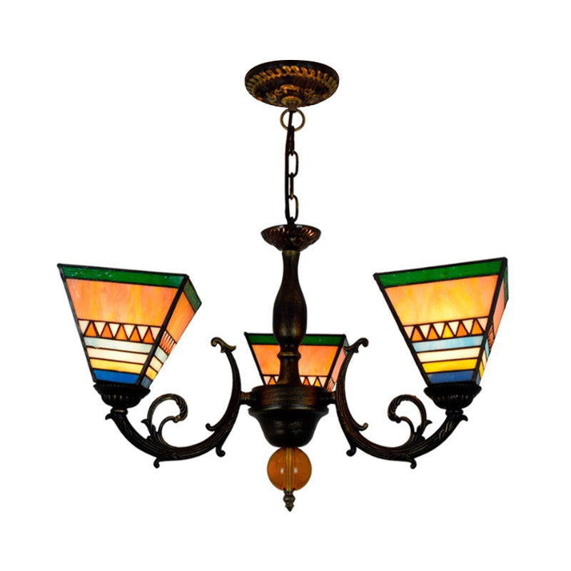 Pyramid Chandelier Retro Style with Stained Glass - 3 Bulb Inverted Light for Living Room