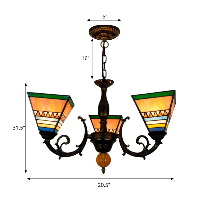 Retro Stained Glass Inverted Chandelier - Pyramid Design 3-Bulb Lighting Fixture For Living Room