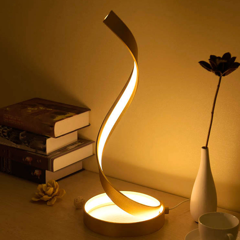 Gold Spiral Ribbon Led Task Lamp - Contemporary Metallic Bedroom Night Table Light