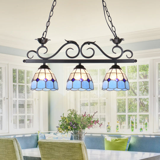 Stylish Tiffany Pendant Light Fixture - Stainless Glass Blue Island Lighting With Grid Dome Shade 3