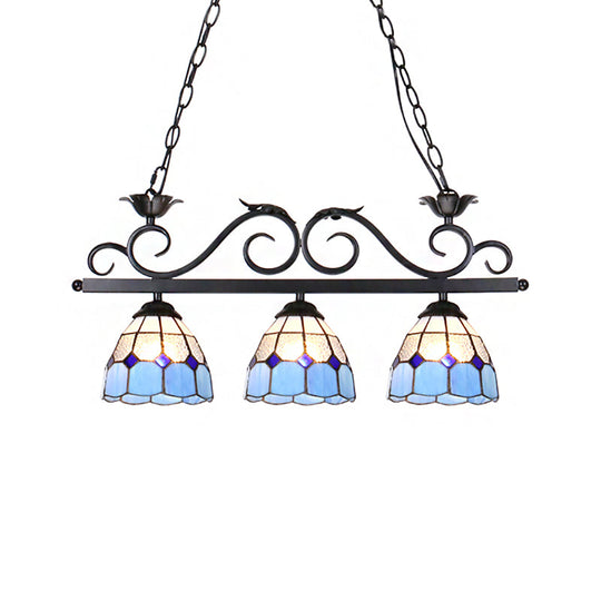 Stylish Tiffany Pendant Light Fixture - Stainless Glass Blue Island Lighting With Grid Dome Shade 3