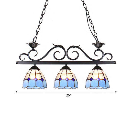 Stylish Tiffany Pendant Light Fixture - Stainless Glass Blue Island Lighting With Grid Dome Shade 3