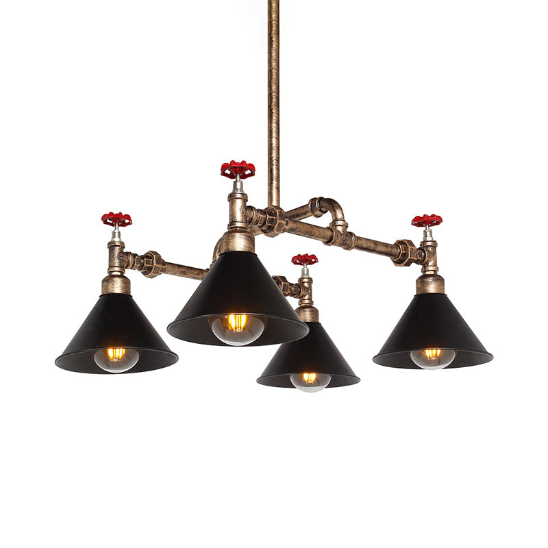 Vintage Cone Shade Brass Chandelier With Red Valve - 4/6 Lights Pendant Fixture