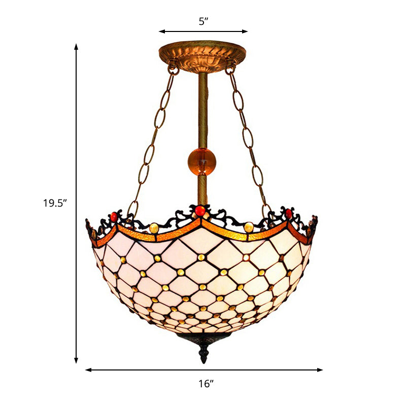 Traditional Stained Glass Semi-Flush Light With Scalloped Design And 3 Lights - Ideal For Living