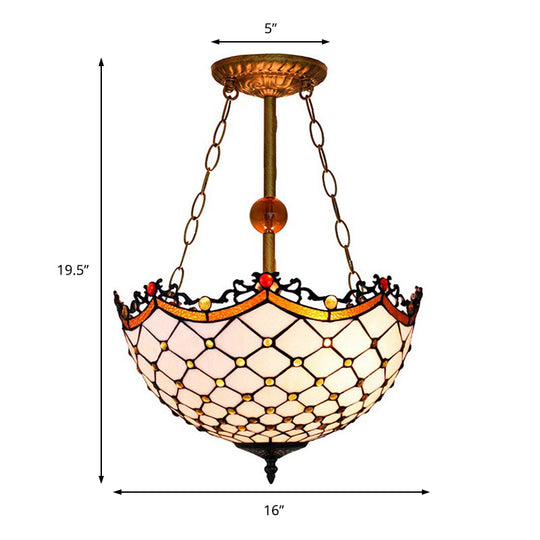 Traditional Stained Glass Semi-Flush Light With Scalloped Design And 3 Lights - Ideal For Living