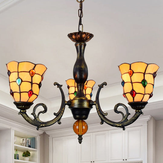 Rustic Stained Glass Chandelier with 3 Heads, Jewel Pattern, and Yellow Glass Pendant