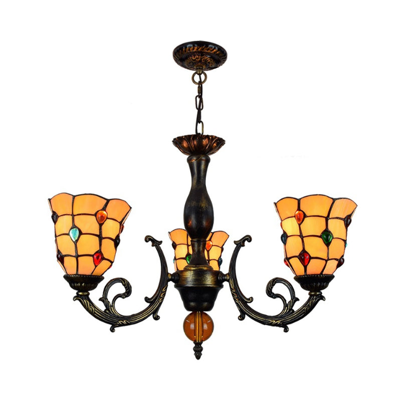 Rustic Stained Glass Chandelier with 3 Heads, Jewel Pattern, and Yellow Glass Pendant