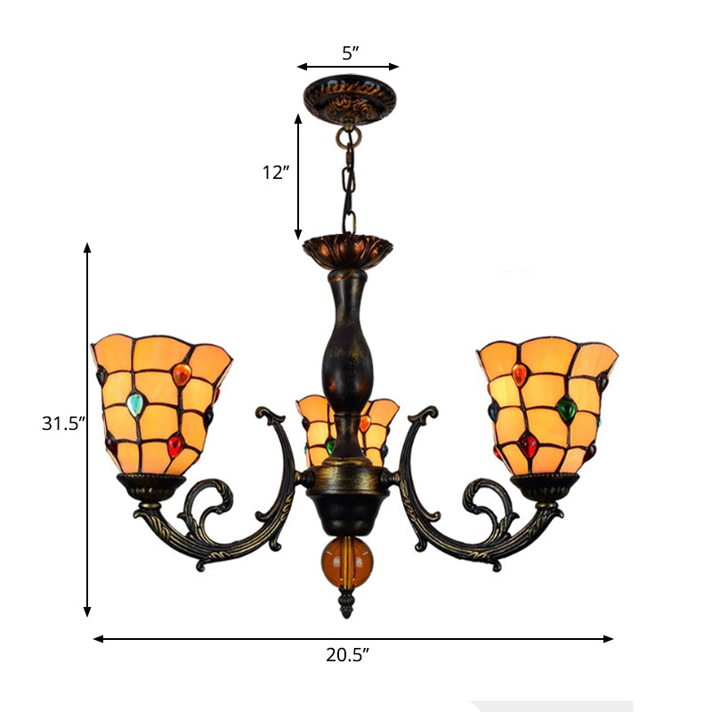 Rustic Stained Glass Chandelier with 3 Heads, Jewel Pattern, and Yellow Glass Pendant