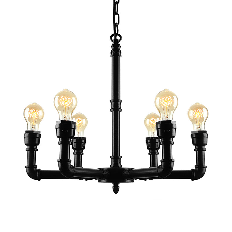 Vintage Metal Pendant Chandelier Lamp: 3/6 Heads, Bare Bulb Design with Water Pipe Accent - Black