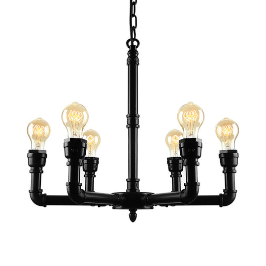 Vintage Metal Pendant Chandelier Lamp: 3/6 Heads, Bare Bulb Design with Water Pipe Accent - Black