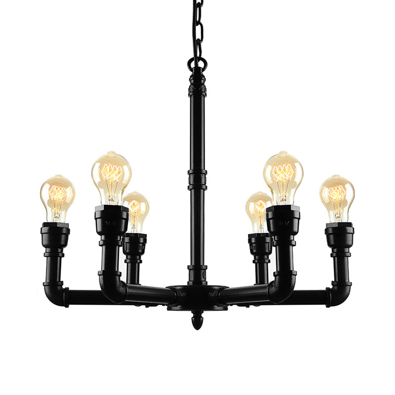 Vintage Metal Pendant Light With Water Pipe And Bare Bulbs - 3/6 Heads Hanging Chandelier In Black