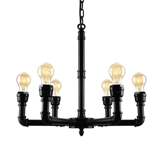 Vintage Metal Pendant Light With Water Pipe And Bare Bulbs - 3/6 Heads Hanging Chandelier In Black