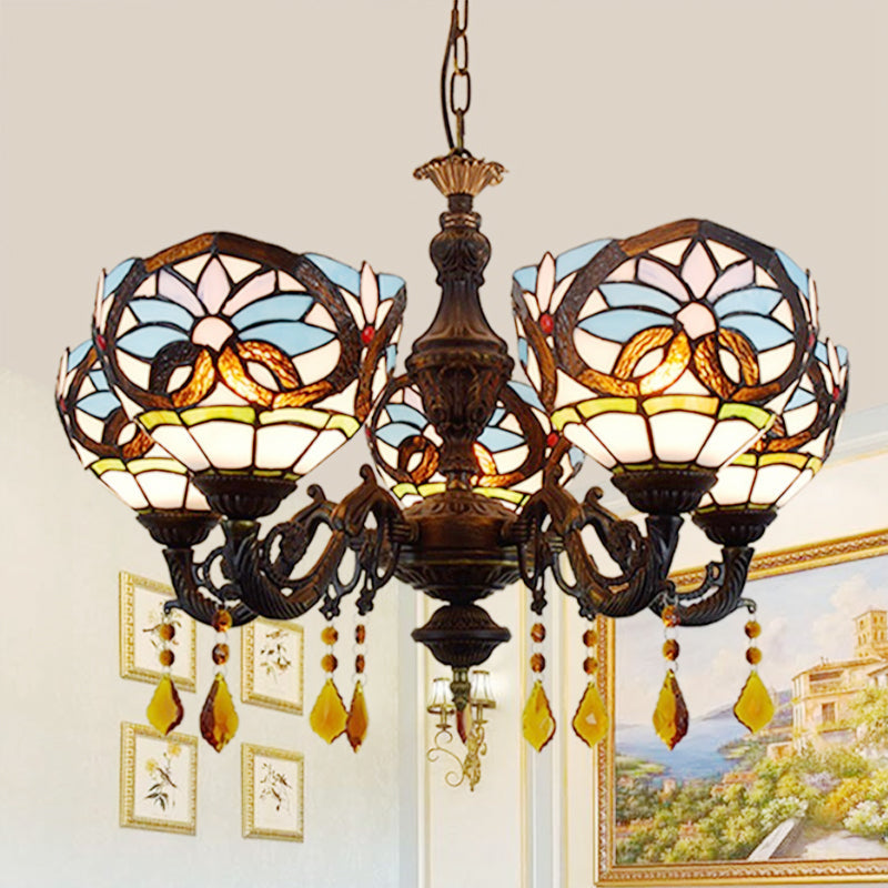 Tiffany-Style Stained Glass Chandelier with Crystal and 5 Hanging Bowl Lights in Blue for Living Room