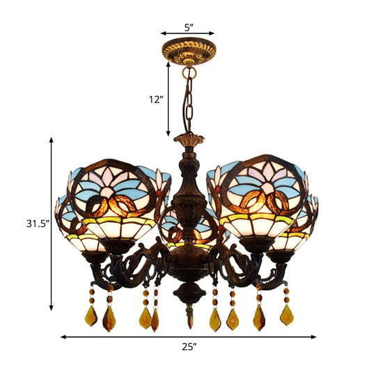 Blue Stained Glass Chandelier With Tiffany Style And Crystal Accents - Ideal For Living Room Décor