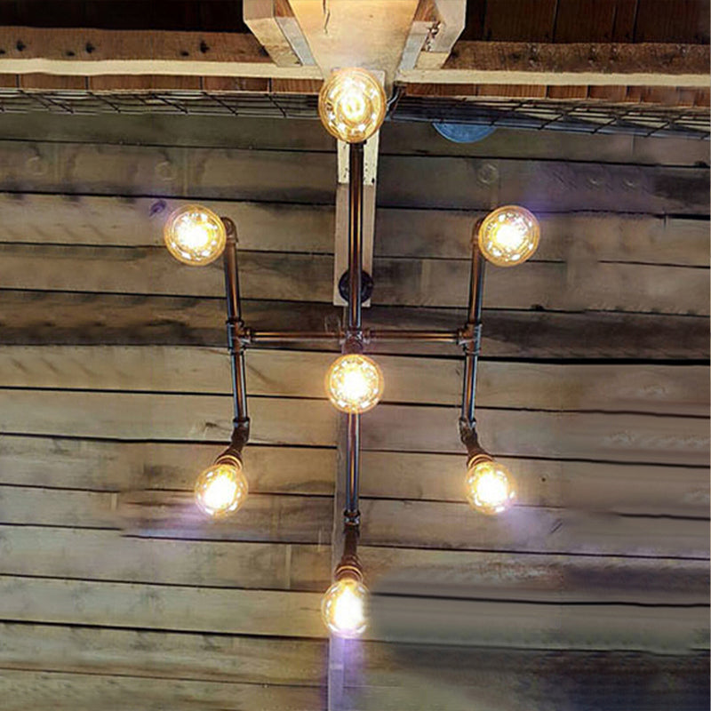 Black Metal Water Pipe Chandelier - Industrial 7-Head Dining Room Pendant Light Fixture