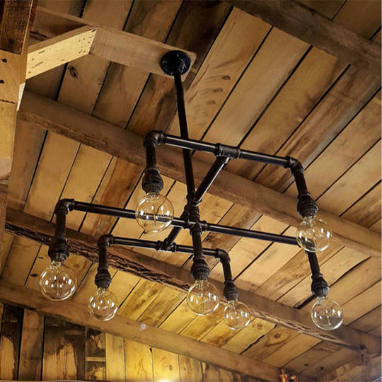 Black Metal Water Pipe Chandelier - Industrial 7-Head Dining Room Pendant Light Fixture