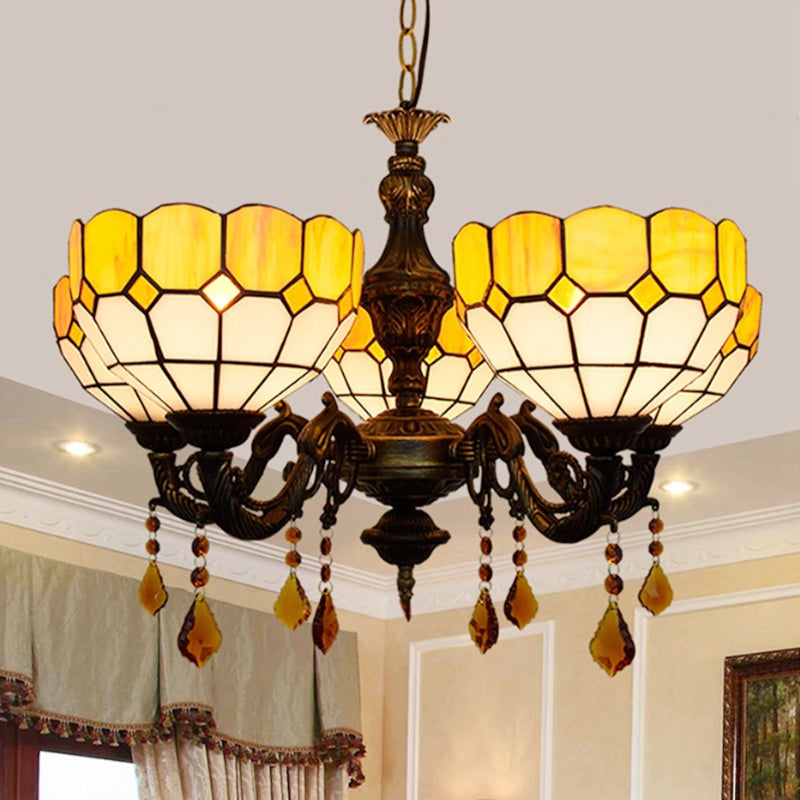 Rustic 5-Head Glass Shade Chandelier With Crystal Accents - Yellow Dining Room Light