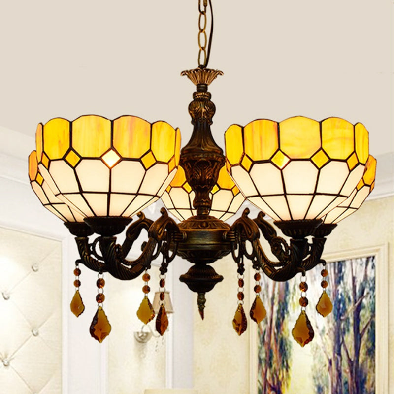 Yellow Glass Shade Chandelier: 5 Heads, Rustic Design with Crystal Accents for Dining Room