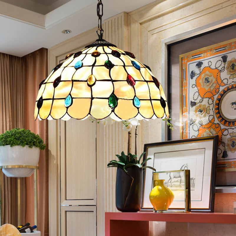 Tiffany Style Beige Pendant Light With Stained Glass Shade For Study Room