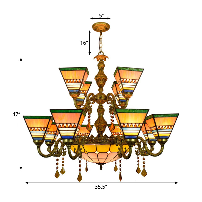 Industrial Vintage Stained Glass Pyramid Chandelier - 12 Arms with Center Bowl