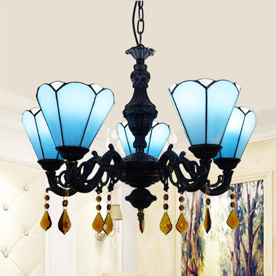 Blue Stained Glass Chandelier with Tiffany-style Cone-Shaped Design and 5 Decorative Crystal Lights