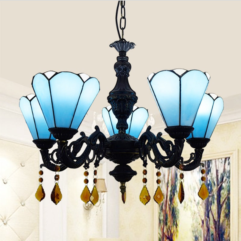 Blue Stained Glass Tiffany Style Cone-Shaped Chandelier With Decorative Crystal 5 Lights Hanging