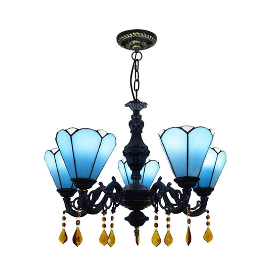 Blue Stained Glass Chandelier with Tiffany-style Cone-Shaped Design and 5 Decorative Crystal Lights