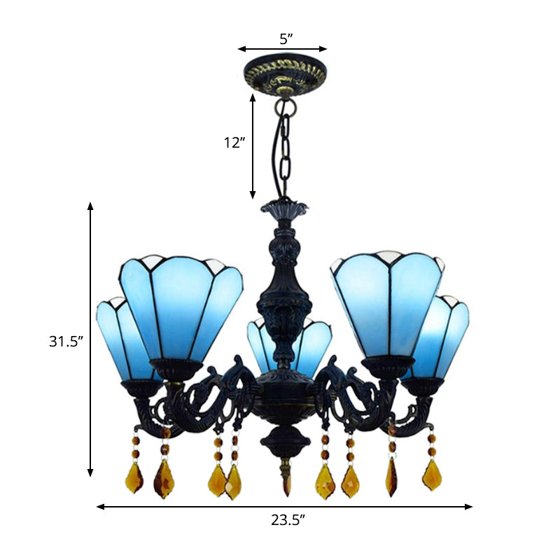 Blue Stained Glass Chandelier with Tiffany-style Cone-Shaped Design and 5 Decorative Crystal Lights