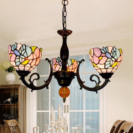 Lodge Stained Glass Chandelier - Flower Pattern 3-Light Inverted Fixture Ideal For Dining Room Blue