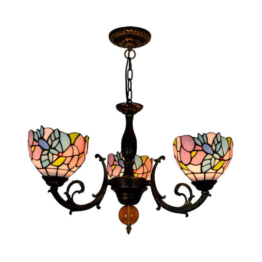 Lodge Stained Glass Chandelier - 3-Light Inverted Fixture with Flower Pattern for Dining Room