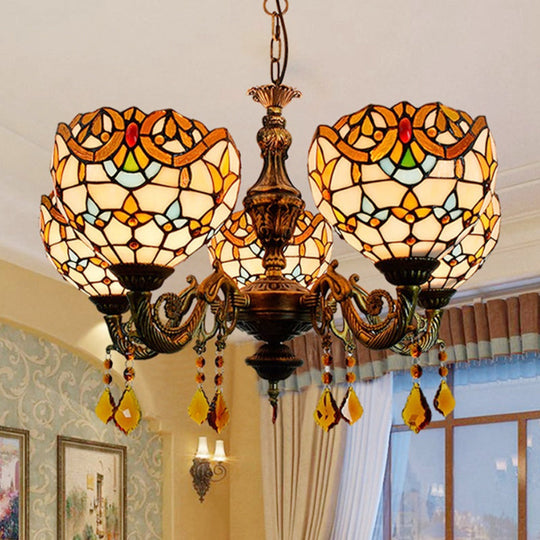 Vintage Victorian Stained Glass Chandelier with Crystal Accents and 5 Lights in Beige