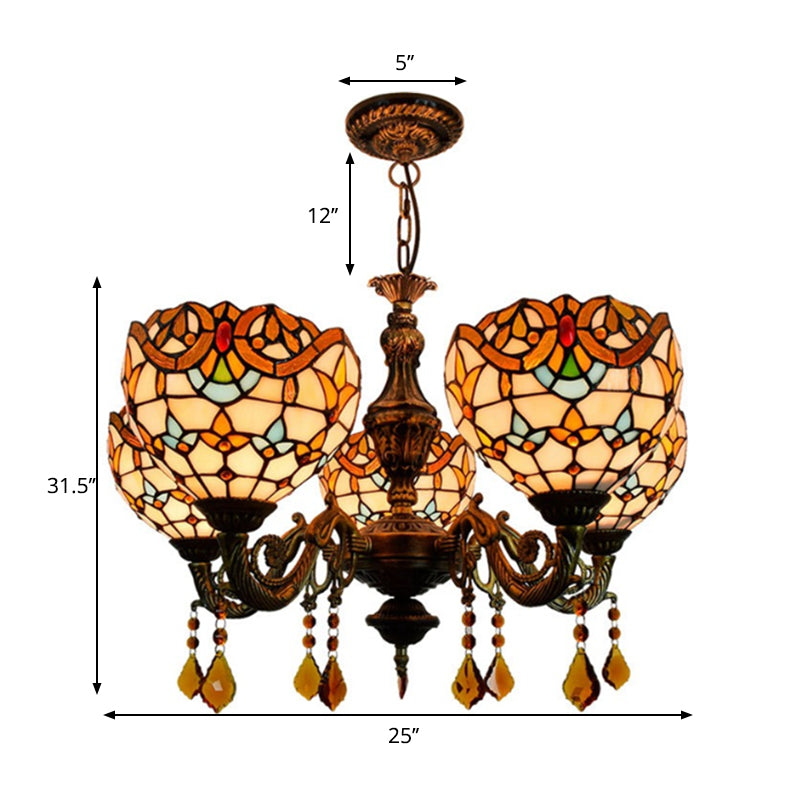 Vintage Victorian Stained Glass Chandelier with Crystal Accents and 5 Lights in Beige