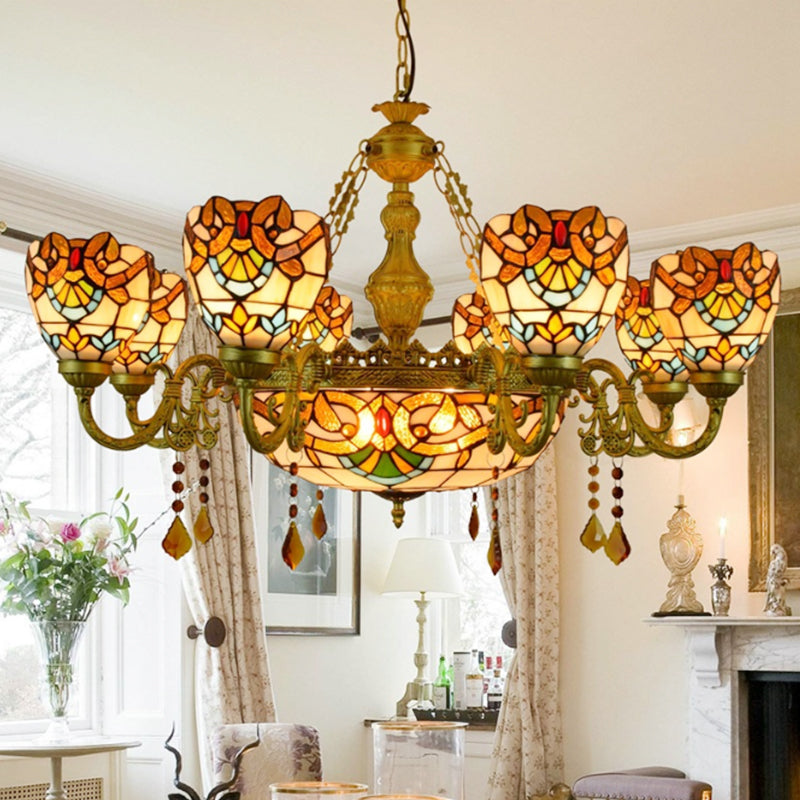 Victorian Stained Glass Chandelier With 9 Lights And Crystal Accents In Beige - Perfect For Foyer