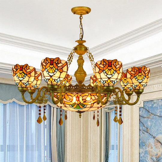 Victorian Stained Glass Chandelier with Crystal Accents - 9-Light Beige Foyer Fixture