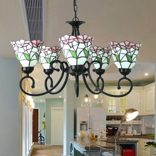 Rustic Floral Chandelier Stained Glass Pendant Lighting In Pink/Blue For Living Room Decor Pink