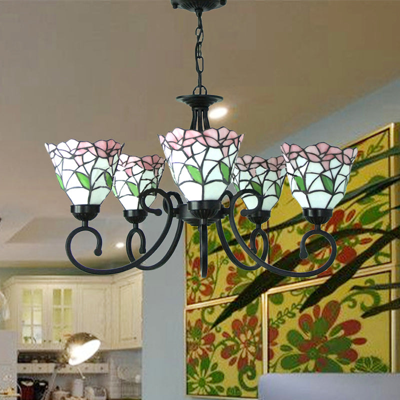 Rustic Floral Stained Glass Chandelier - Pink/Blue Multi-Light Pendant for Living Room