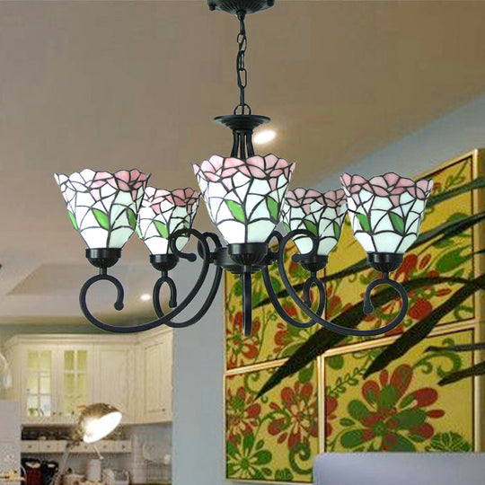 Rustic Floral Chandelier Stained Glass Pendant Lighting In Pink/Blue For Living Room Decor