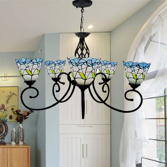 Blue Tiffany Style Stained Glass Chandelier With 5 Floral Heads For Living Room Ceiling Pendant