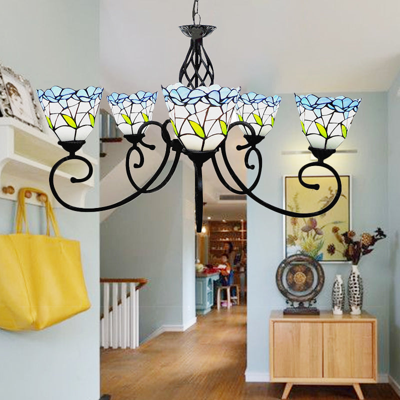 Blue Tiffany Style Stained Glass Chandelier With 5 Floral Heads For Living Room Ceiling Pendant