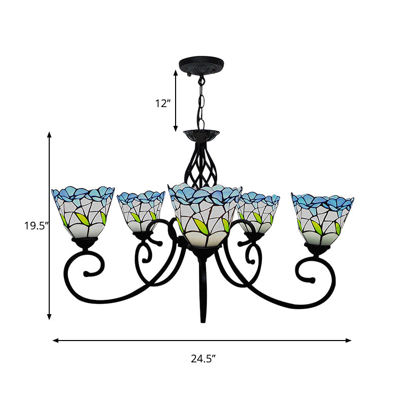 Blue Stained Glass Chandelier with 5 Floral Tiffany-Style Pendants - Perfect for Living Room Ceilings