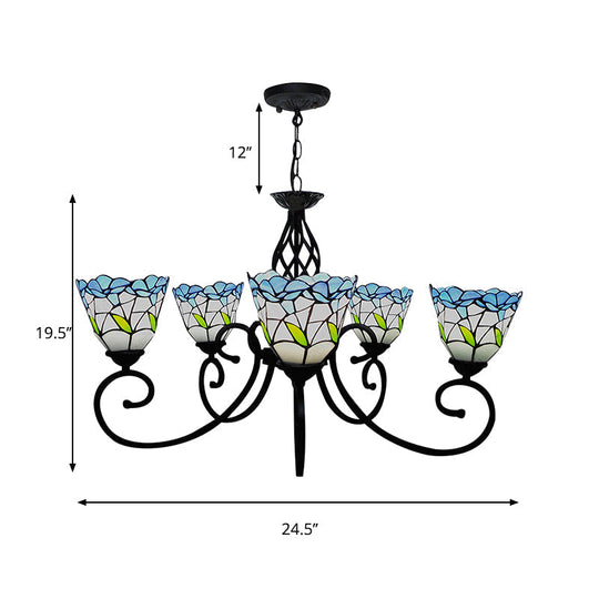 Blue Tiffany Style Stained Glass Chandelier With 5 Floral Heads For Living Room Ceiling Pendant