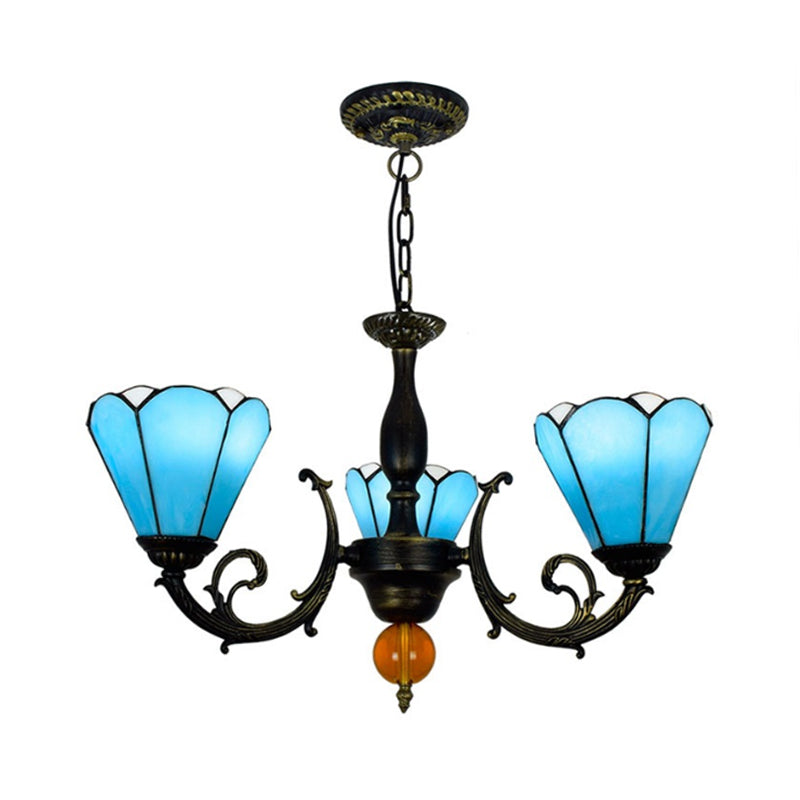 Vintage Stained Glass Chandelier: Sky Blue Conic Shape, 3 Lights - Decorative Hanging Light for Living Room