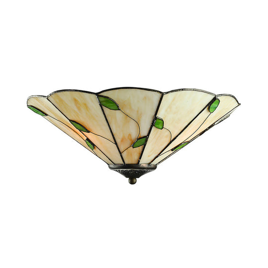 Rustic Stained Glass Flush Ceiling Light: Green Leaf Decoration, 3 Lights - Foyer Lighting