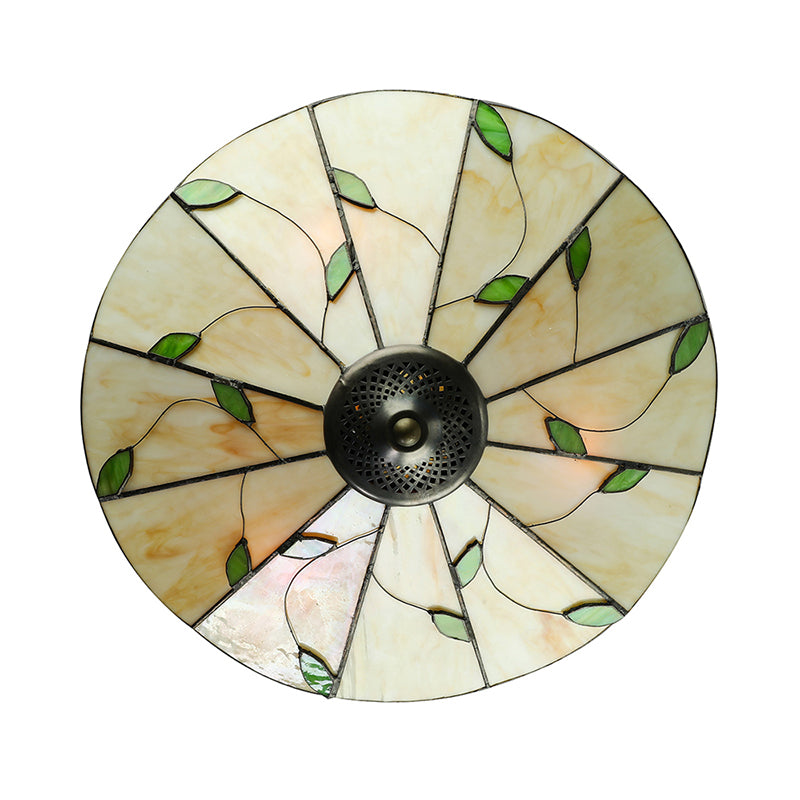 Rustic Stained Glass Flush Ceiling Light: Green Leaf Decoration, 3 Lights - Foyer Lighting